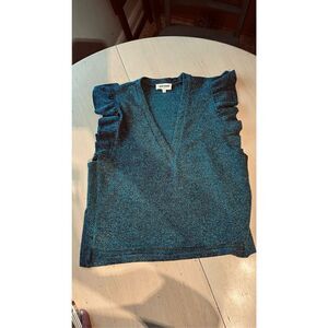 Jane Wood France Green Ruffle Cap Sleeve V Neck Sweater Size M